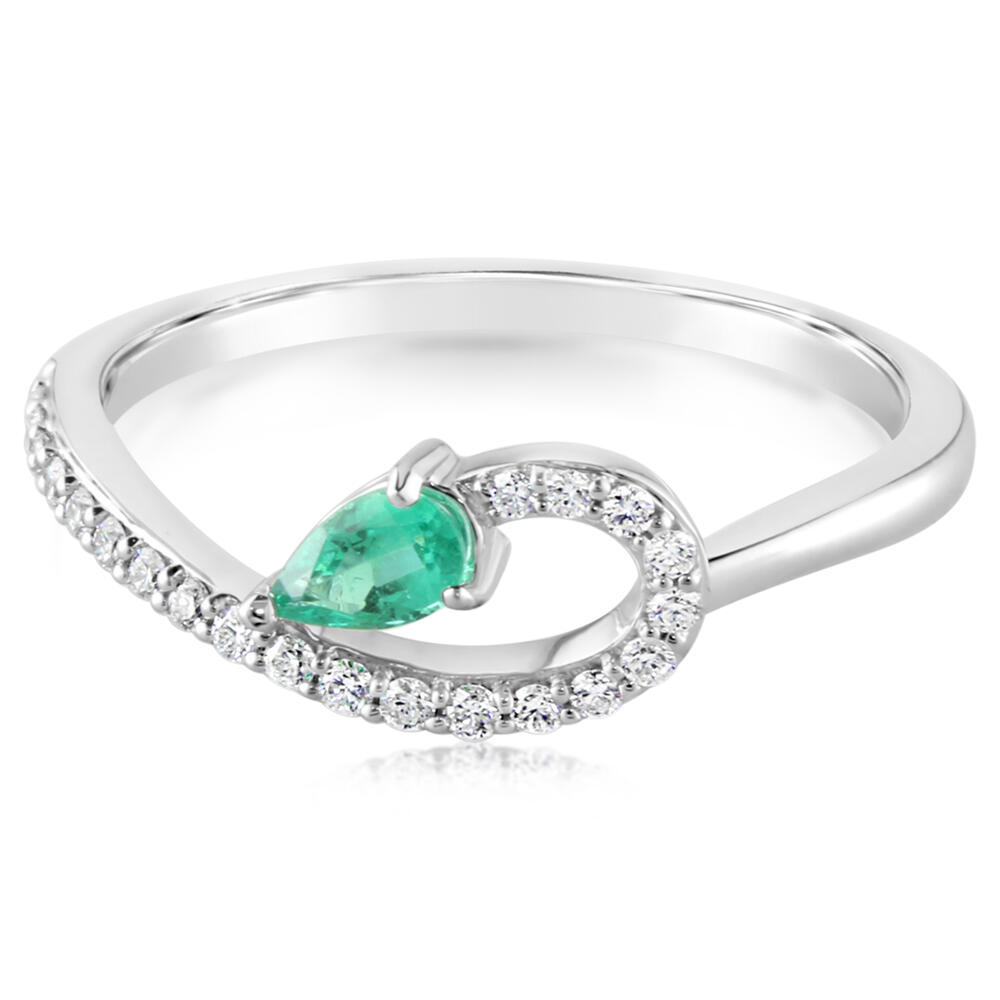 14K White Gold Pear Shape 0.20 Emerald And 0.15 Ct Diamond Ring