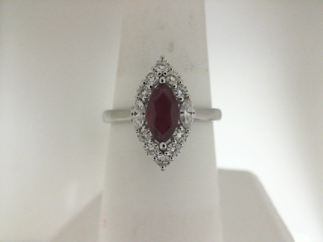 14 karat white gold 8 x 4 mm marquise cut ruby wiht 0.40 ct marquise and round brillaint cut diamond ring