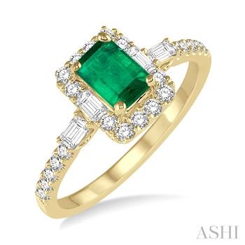 14 Karat Yellow Gold 6X4 MM Emerald Cut Emerald And 0.45 Ctw Round Cut Diamond Ring