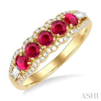 14 Karat Yellow Gold 3.1MM Round Ruby And 1/4 Ctw Baguette And Single Cut Diamond 5-Stone Ring