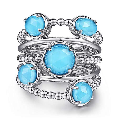 Gabriel & Co Sterling Silver Rock Crystal and Turquoise Statement Station Ring
