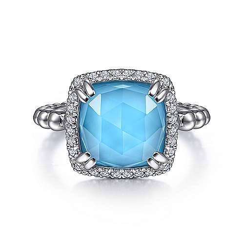 Gabriel & Co Sterling Silver White Sapphire, Rock Crystal and Turquoise Halo Ring