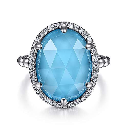 Gabriel & Co  Sterling Silver Oval Rock Crystal and Turquoise Ring with White Sapphire Halo