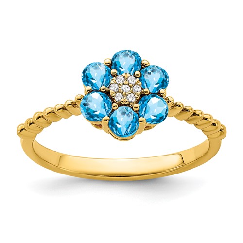 14k Swiss Blue Topaz and Diamond Floral Ring