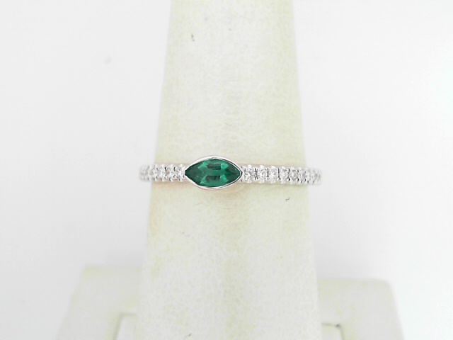 14 Karat White Gold  Stackable Band Ring With One 0.15Ct Marquise Emerald And 20=0.10Tw Round Diamonds