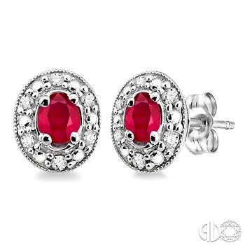 14 Karat White Gold  Earrings With 2=4.00X3.00mm Oval Rubies And 0.10Tw Round Diamonds
