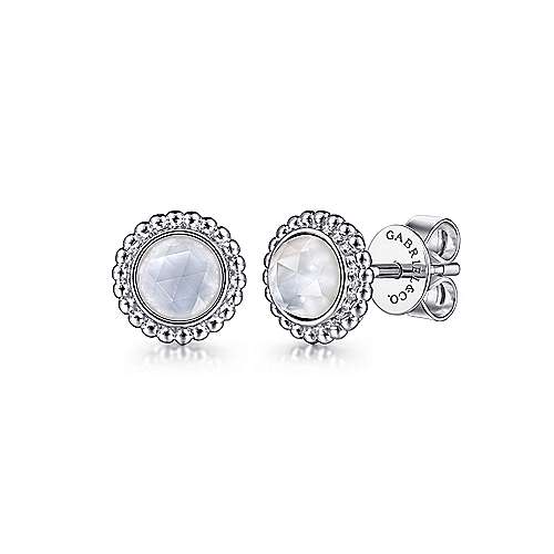 Gabriel & Co Sterling Silver Round Rock Crystal and White Mother of Pearl Stud Earrings