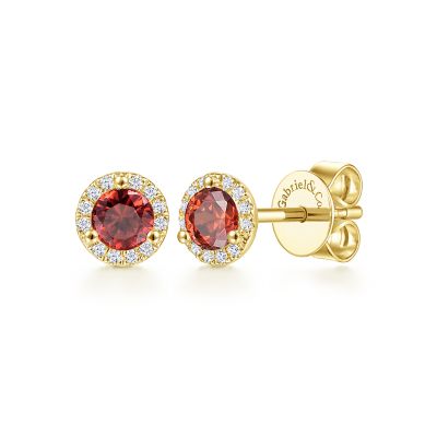 Gabriel & Co 14 Karat Yellow Gold Garnet And  0.09 ct iamond Halo Earrings