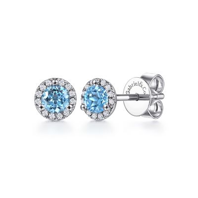 Gabriel & Co 14 Karat White Gold  0.62 Ct Blue Topaz And 0.08 Ct Diamond Halo Stud Earrings