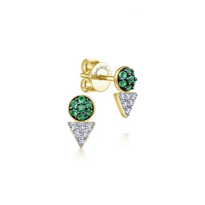 Gabriel & Co14 Karat Yellow Gold 14 Karat Triangle And Round Stud Earrings With 14=0.15Tw Round Emeralds And 12=0.09Tw Diamonds