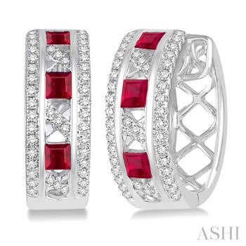 Princess Shape Gemstone & Diamond Hoop Earrings
2.4x2.4 MM Princess Cut Ruby and 1/3 Ctw Round Cut Diamond Earrings in 14K White Gold