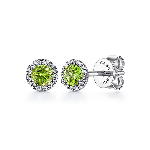 Gabriel & Co 14 Karat White Gold Round Peridot And 0.09 Ct Diamond Halo Stud Earrings