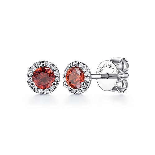Gabriel & Co 14 Karat White Gold Round Garnet  And 0.09 Ct Diamond Halo Stud Earrings