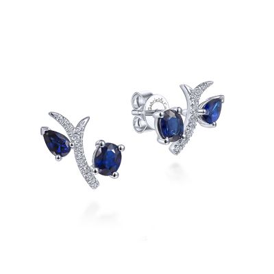 Gabriel & Co 14 Karat White Gold  Oval And Pear Sapphire 1.47 Ct And Diamond 0.11 Earrings