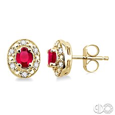 Oval Shape Gemstone & Halo Diamond Earrings
4x3 MM Oval Shaped Ruby and 1/10 Ctw Single Cut Diamond Earrings in 14K Yellow Gold