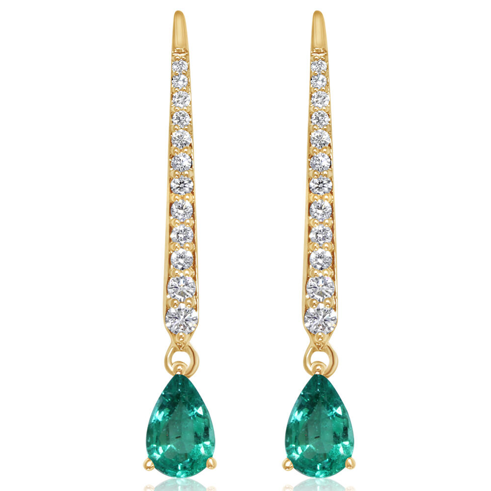 14 Karat Yellow Gold Pear Shape 0.80 Ct Pear Shape Emerald And 0.23 ct Diamond Drop Earrings