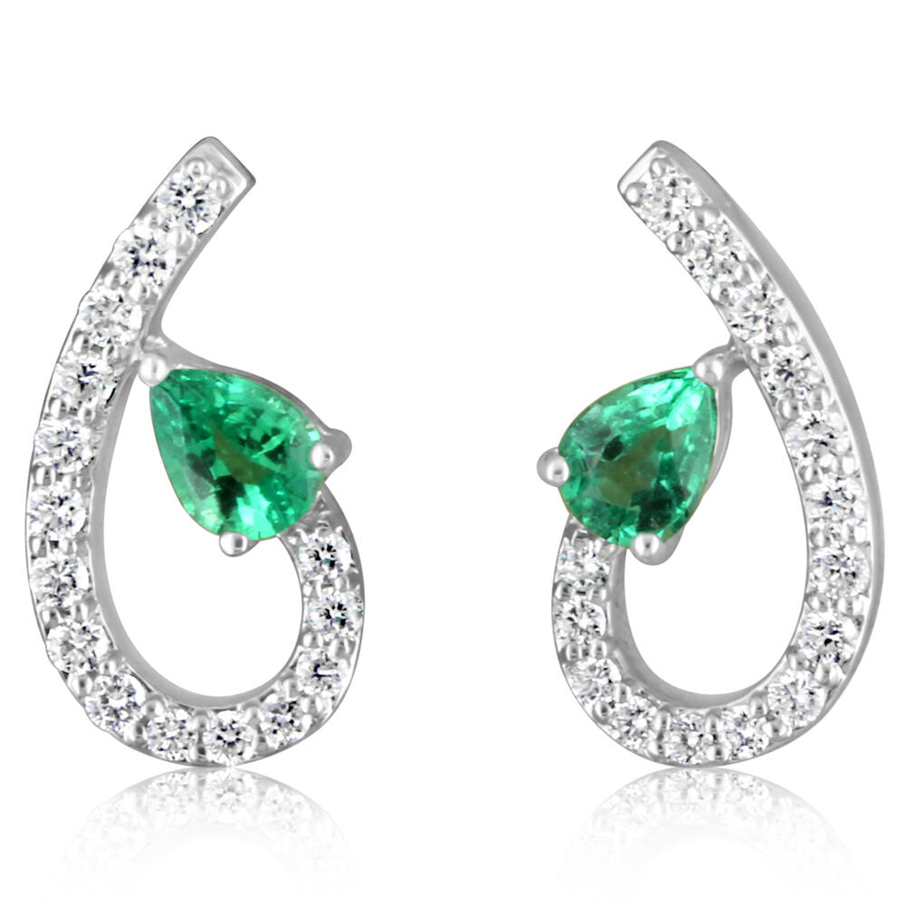 14 karat white gold pear shape emerald 0.16 ct and diamond 0.20 ct earrings
