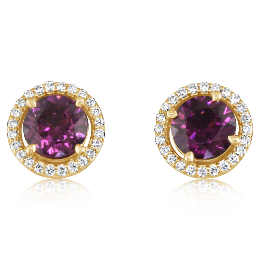 14 Karat Yellow Gold 2.10 Cts  Round Purple Garnet Earrings With 0.25 Ct Diamond Halo Earrings