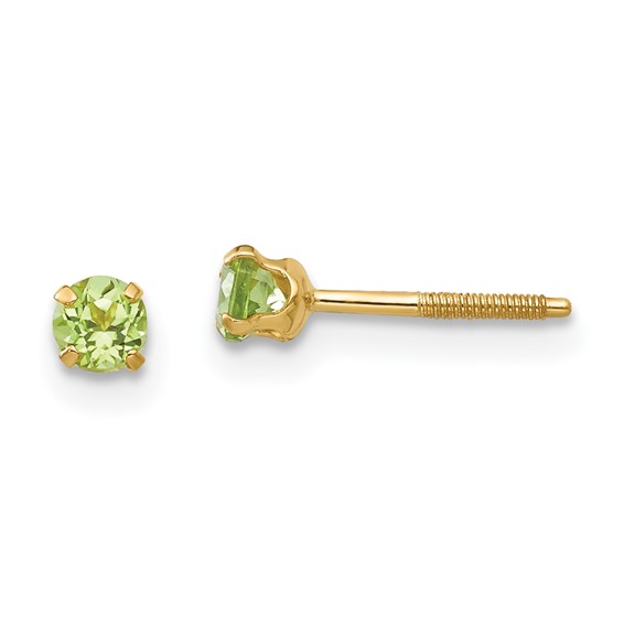 14 Karat Yellow Gold 3.0 Mm Peridot Screw Back Stud Earrings