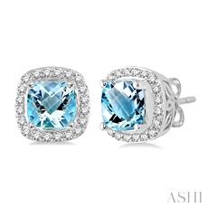 Gemstone & Halo Diamond Earrings
6x6 MM Cushion Cut Aquamarine and 1/4 Ctw Round Cut Diamond Earrings in 14K White Gold