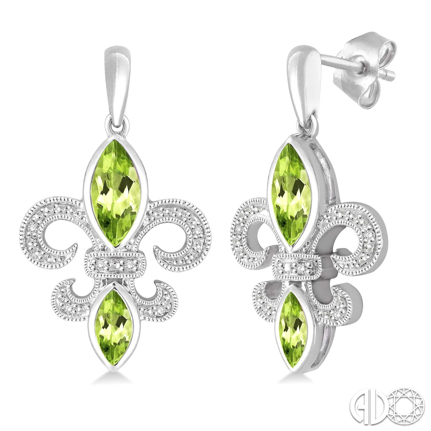 Sterling Silver Dangle Earrings Fleur di Lis with Peridot
