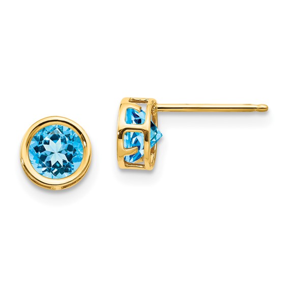 14 Karat Yellow Gold 5mm Blue Topaz Bezel Set Stud Earrings