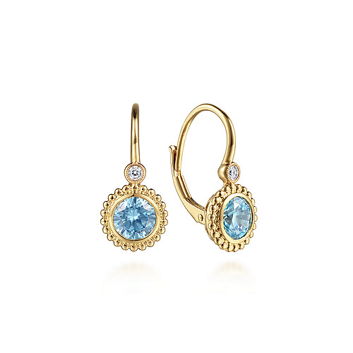 Gabriel & Co 14K Yellow Gold Diamond 0.07CTW And Blue Topaz 1.86CTW  Bujukan Drop Earrings