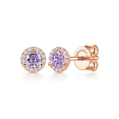 Gabriel & Co:14 Karat Rose Gold Stud Earrings With 2=0.43Tw Round Pink Amethysts And 24=0.09Tw  Diamonds