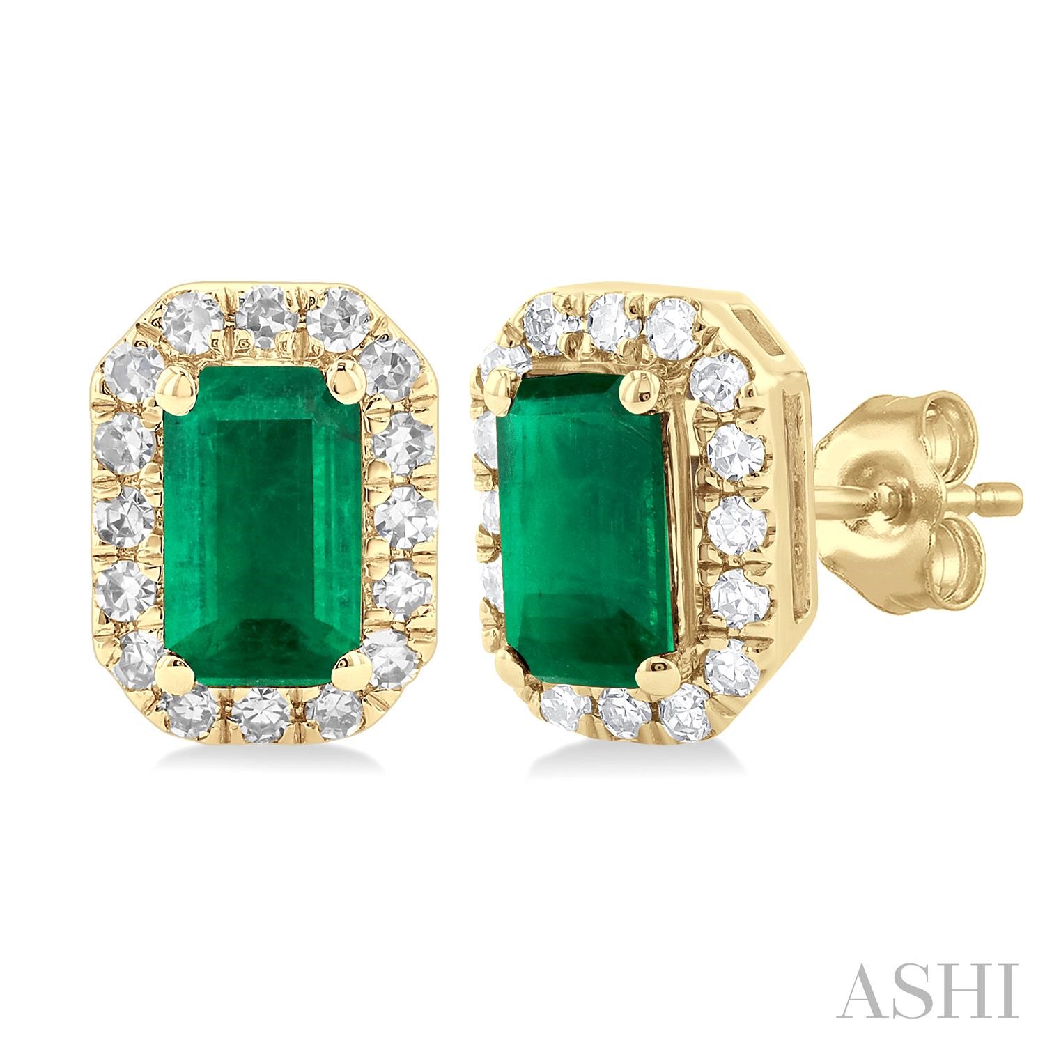 Emerald Shape Gemstone & Halo Diamond Earrings
1/8 ctw Single Cut Diamond and 5X3MM Octagonal Shape Emerald Halo Precious Stud Earrings in 10K Yellow Gold