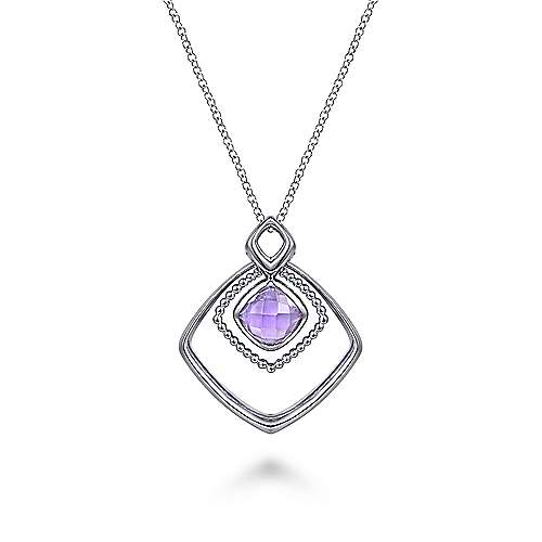 Gabriel & Co: Sterling Silver Layered Squares Necklace with Pink Amethyst Drop 18