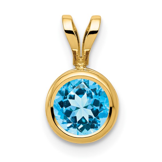 14 Karat Yellow Gold Bezel Set Pendant With One 6.00mm Round Blue Topaz On 18 Inch cable link