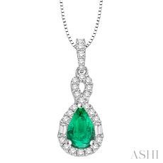 Pear Shape Gemstone & Halo Diamond Pendant
7x5 MM Pear Shape Emerald and 1/3 Ctw Diamond Pendant in 14K White Gold with Chain