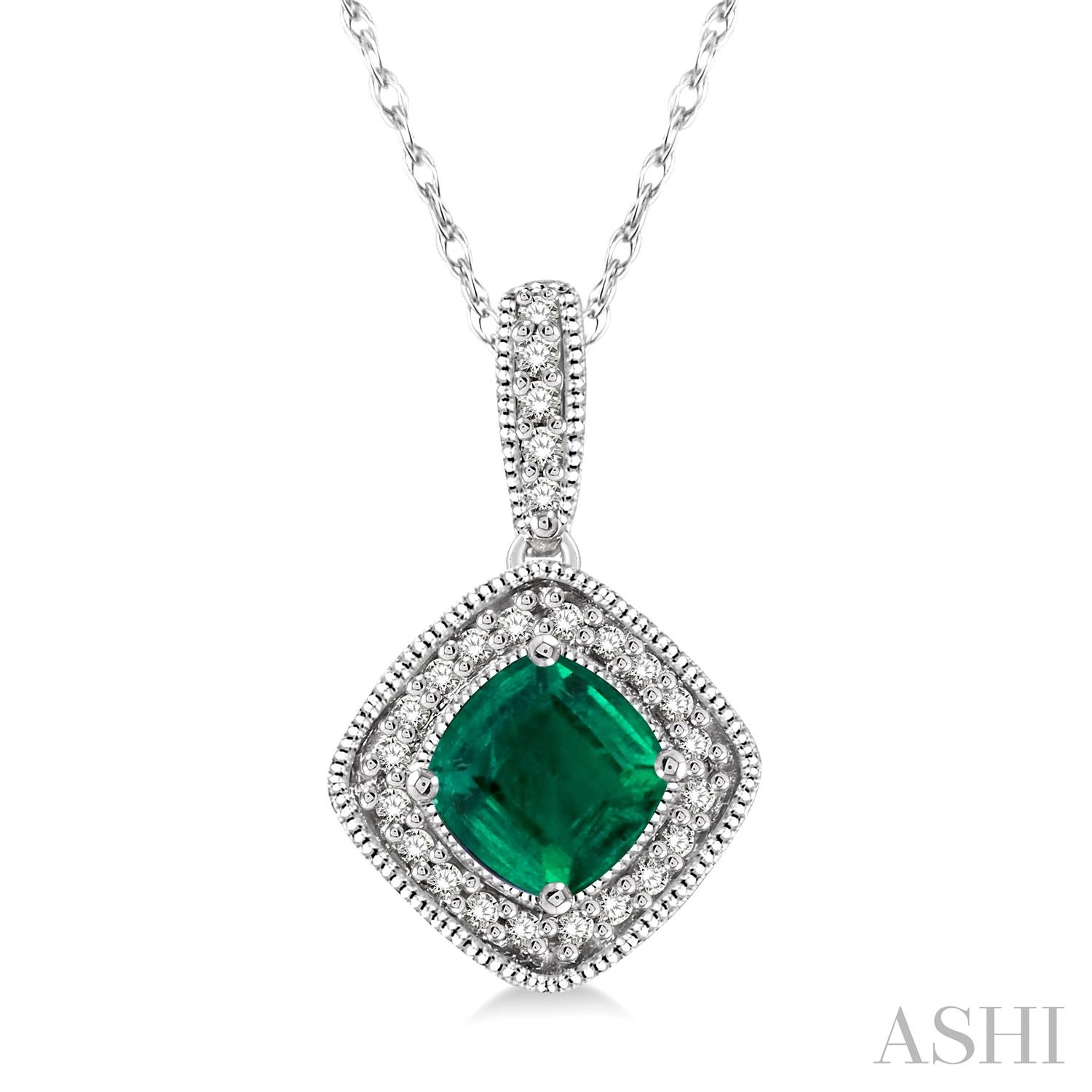 Cushion Shape Gemstone & Halo Diamond Pendant
5x5 MM Cushion Shape Emerald and 1/5 Ctw Round Cut Diamond Pendant in 14K White Gold with Chain