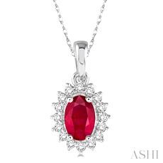 Oval Shape Gemstone & Halo Diamond Pendant
1/8 Ctw Round Cut Diamond and Oval Cut 6x4 MM Ruby Center Sunflower Precious Pendant in 10K White Gold with chain