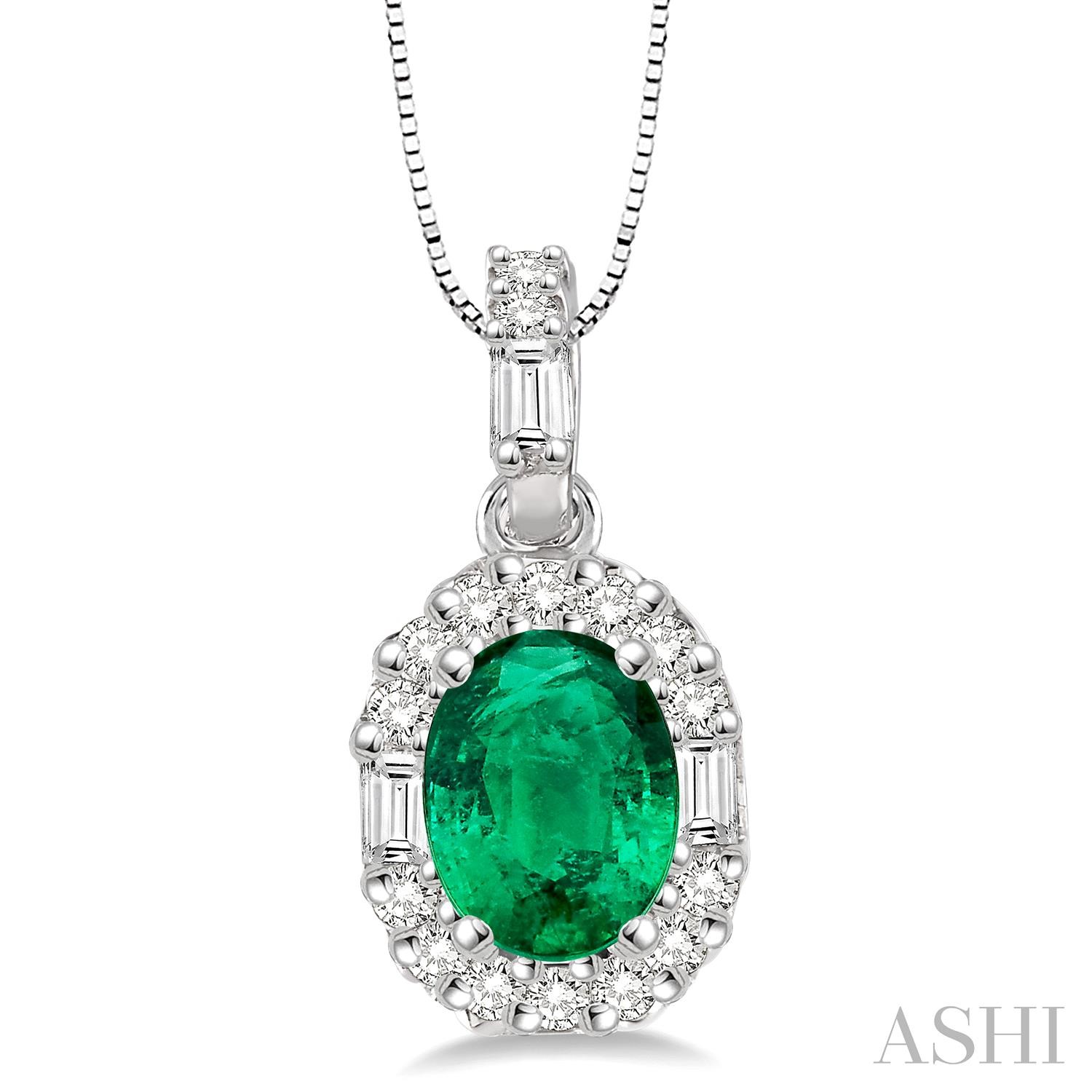 14 karat white gold Oval Shape emerald & Diamond Pendant 18 inch