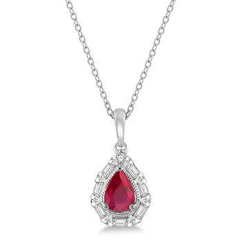 14 Karat White Gold Pear Shape 6 X4 Ruby And 0.20 Ct  Baguette/Round Diamond Pendant 18 inch