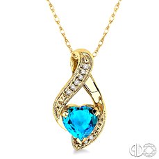 14 karat yellow gold Pendant With One 7.00Mm Heart Blue Topaz And 0.05Tw Round Diamonds