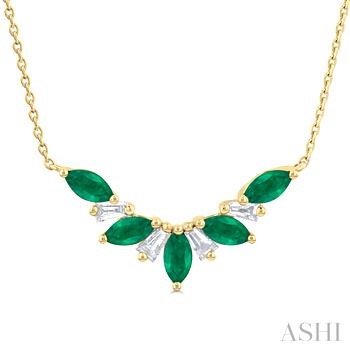 14 Karat Yellow Gold  Marquise Cut 5X3 MM Emerald And 0.15 ct Baguette Cut Diamond Necklace 18 inch