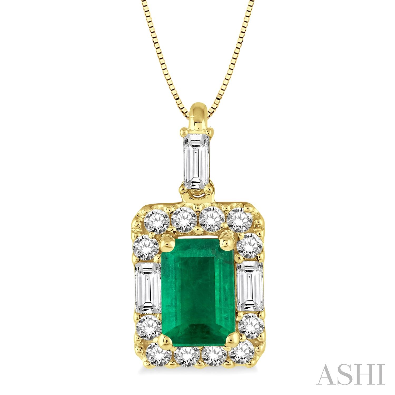 14 Karat Yellow Gold 6X4 MM Emerald Cut Emerald And 0.30Ct Round Cut Diamond Pendant 18 inch