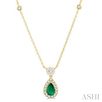 14 Karat Yellow Gold Pear Cut 6X4 MM Emerald And Round Cut 0.30 ct Diamond Lovebright Necklace 18 inch