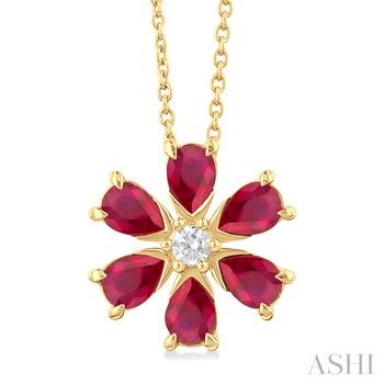 14 Karat Yellow Gold Floral Blossom 4X3 MM Pear Cut Ruby And 1/20 Ct Round Cut Diamond Pendant With 18 Inch Chain