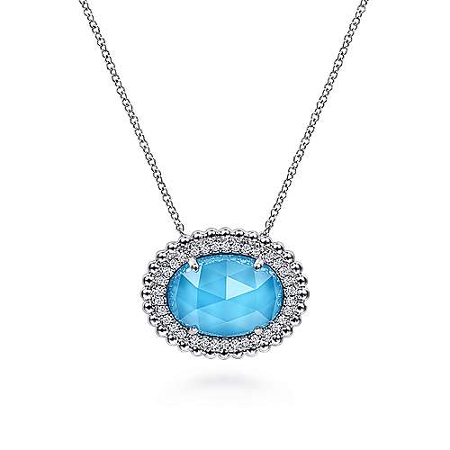 Gabriel & Co Sterling Silver White Sapphire And Rock Crystal And Turquoise Pendant Necklace 17.5