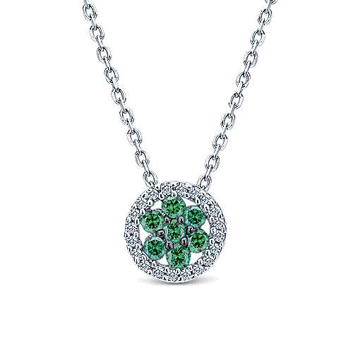 Gabriel & Co 14 Karat White Gold Floral Emerald 0.24ctw and Diamond 0.07ctw Halo Pendant Necklace
18 Inch