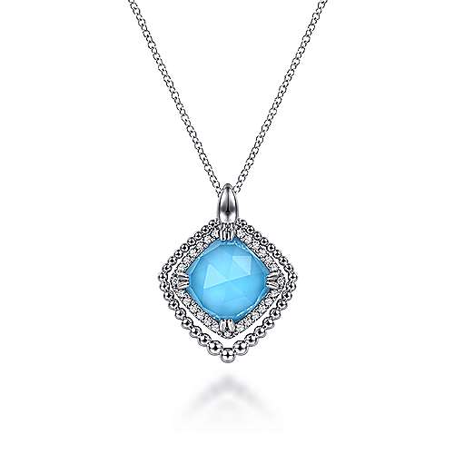 Gabriel & Co Sterling Silver White Sapphire And Rock Crystal And Turquoise Pendant Necklace 17.5