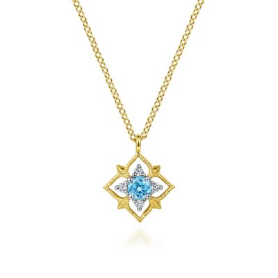Gabriel & Co 14Karat Yellow Gold Swiss Blue Topaz 0.21Ct and Diamond 0.06Ctw Floral Pendant Necklace