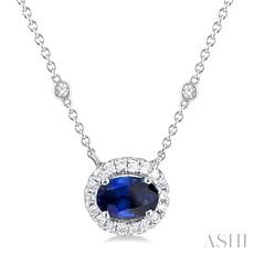 14 Karat White Gold Oval Shape East-West 6X4 MM Oval Cut Sapphire And Round Cut Diamond Halo/Station Necklace 18 Inch