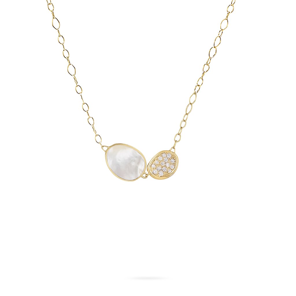 Marco Bicego: 18 Karat Yellow Gold Lunaria White Mother Of Pearl With Diamond Pave Chain Necklace With Round Diamonds At 0.20Tw 
Length: 16.5