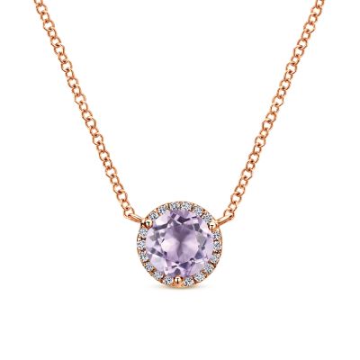 Gabriel & Co 14 Karat Rose Gold Halo Necklace With One 0.44Ct Round Pink Amethyst And 0.09Tw Diamonds
17.5