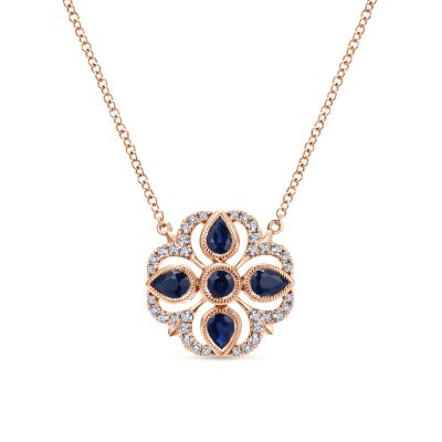Gabriel & Co:14 Karat Rose Gold Quartrefoil Necklace With Pear And Round Sapphires At 0.94 Total Weight And Round Diamonds At 0.20 Total Weight
Length: Adjustable 15.5