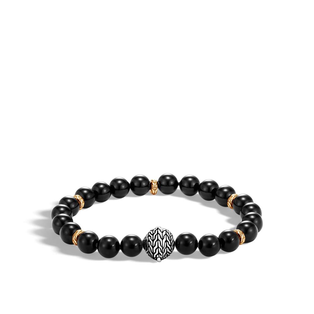John Hardy: Sterling Silver & 18Ky  Classic Chain Gold And Silver And Onyx 8mm Bead Bracelet With Pusher Clasp
Length: Med